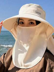 1 pieza Nuevo sombrero de chal con máscara facial, sombrero de sol de ala ancha anti-UV para mujer, sombrero de cubo versátil para cola de caballo - A - Ver 7