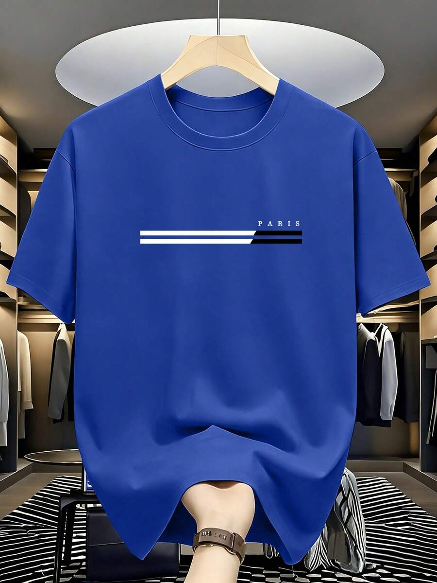 Camiseta de manga corta de cuello redondo con estampado de letras y rayas, versátil para el uso diario y el trayecto, para verano - azul real - Ver 1