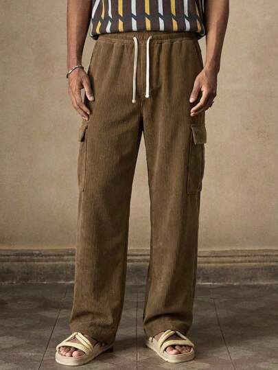 Men's Solid Color Casual Utility Pants, Large Pocket Brown Long Pants, Men's Street Style Trousers, Boyfriend Gift, Essential For Autumn, Unisex