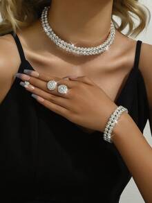 4pcs/Set Double Row Design Bridal Women's Fashionable Sparkling Crystal Necklace Set, Sexy Jewelry Set Suitable For Weddings, Birthday Gifts, Parties. - Silver - View 2