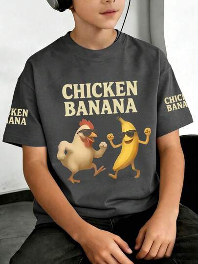 Tween Boy Funny Cartoon "CHICKEN BANANA" Print T-Shirt, Soft And Comfortable Fabric, Suitable For Boys Outdoor Sports, Daily Wear, Streetwear, Campus Style, Fashionable Casual Top For Boys In Spring And Summer