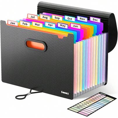 Upgraded Accordion File Organizer, Expanding File Folder With Deeper 12 Pockets - Never Cover Up Index Tabs, Monthly Bill Paper Receipt Document Organizer, Letter A4 Size Home Office School