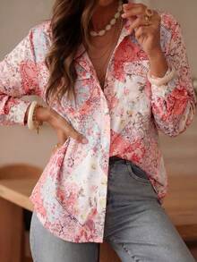 女士波西米亚风花卉拼接长袖衬衫，带口袋，度假风 - 粉色 - 查看 1