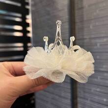 1pc Princess Crown Hair Clip With Pearl, Veil, Bow Ribbon Headpiece, Suitable For Party, Festival, Birthday Styling - Multicolor - View 5