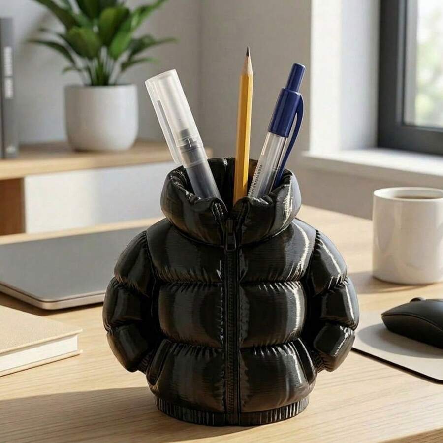 Puffer Jacket Pen Holder, Zipper Hoodie Pencil Cup Desk Organizer, Novelty Jacket-Shaped Desktop Decor For Office Home (Black/White) - 1pc - View 1