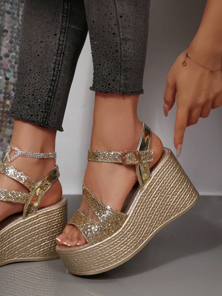 Women's Platform Wedge Sandals, Casual Thick-Soled Sandals, Fashion Wedge Sandals, Open Toe Ankle Strap Sandals, Elegant Summer Espadrille Shoes - Gold - View 6