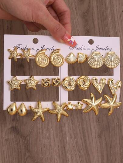 2-12-24pcs New Fashionable Lightweight Starfish, Seashell, Conch Multi-Element Earrings, Suitable For Summer Travel, Beach Vacation And Daily Wear
