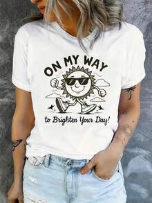 2026 Vintage Cotton Women's "Sunshine" Graphic T-Shirt, Funny Positive Message Tee, Loose Fit Casual Top - 白色 - 查看 4