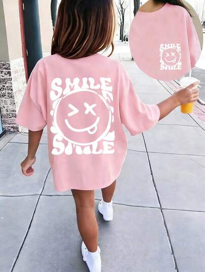 Teen Girl Cartoon SMILE Print T-Shirt, Soft And Comfortable Fabric, Suitable For Girls' Outdoor Sports, Daily Wear, Street Style, Campus Style, Fashionable Girls' Casual Versatile Top For Spring And Summer