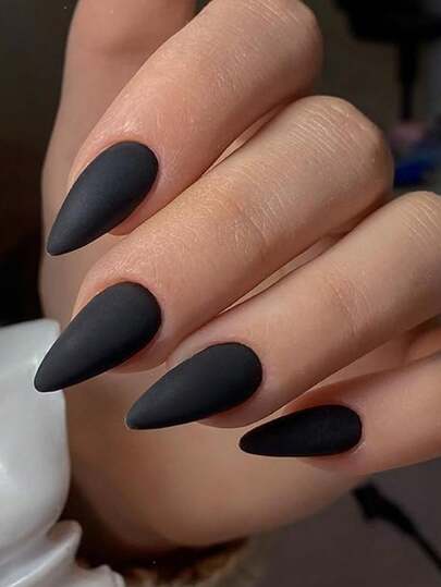 24 uñas postizas con forma de almendra - Diseño minimalista mate negro liso de longitud media, adecuado para uso diario de mujeres, fiestas y ocasiones especiales, un regalo perfecto para ella, regalo de técnica de manicura, suministros exquisitos para el arte de uñas.