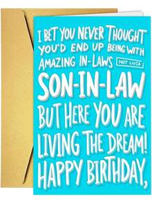 1张趣味“了不起的岳父岳母”女婿生日贺卡，附粉色信封，醒目的字体设计，岳父岳母送给女婿的完美生日贺卡 - 查看 4