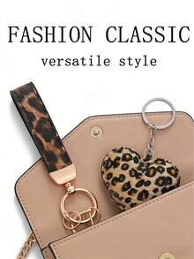 2pcs Leopard Print Car Key Chain + Plush Heart Pendant Dual Pack, Fashionable Bag Charm Keychain - Leopard Print Buckle + Heart-shaped Leopard Print Pendant - View 1