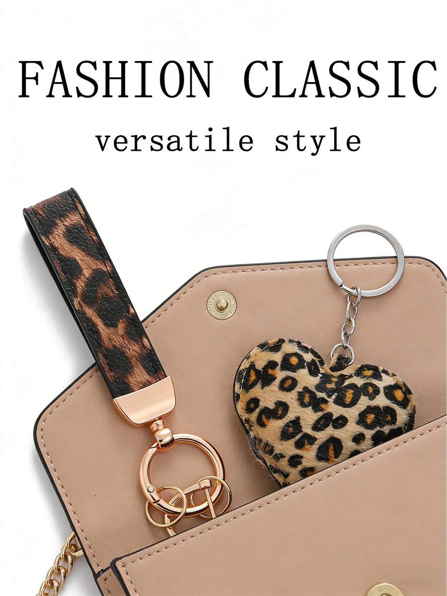 2pcs Leopard Print Car Key Chain + Plush Heart Pendant Dual Pack, Fashionable Bag Charm Keychain - Leopard Print Buckle + Heart-shaped Leopard Print Pendant - View 1