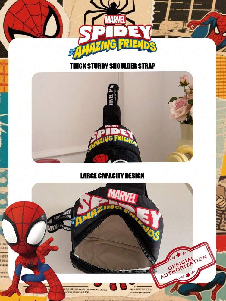 Marvel 1个漫威官方授权蜘蛛侠图案斜挎包，男童休闲单肩包，轻便可调节肩带胸包，卡通零钱包，适合男孩、年轻粉丝、学生，非常适合日常上学、户外玩耍、主题公园、度假，方便携带零食。 - 黑色 - 查看 11