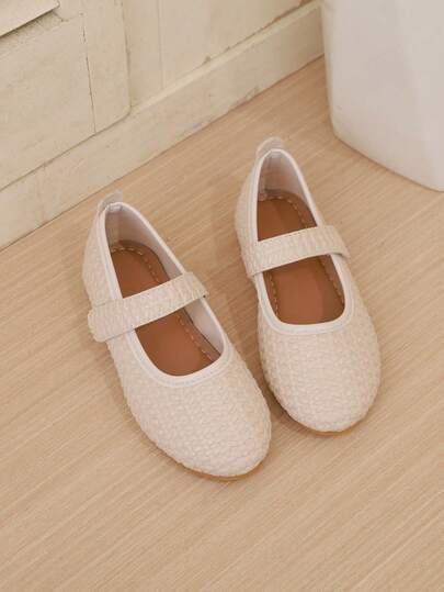 1 Pair Children's Flat Shoes, Beige Solid Color, Minimalist Versatile, Hook And Loop Closure, Round Toe Fashion Casual Shoes, Suitable For Matching Outfits And Daily Wear, Spring/Autumn
