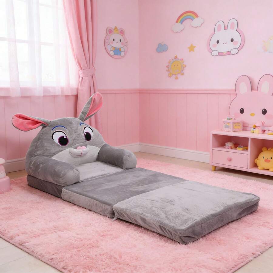Cute Rabbit Kids Folding Sofa Bed, 3-Layer Soft Cartoon Children Couch With Armrests, Perfect For Bedroom & Playroom - 灰色 - 查看 1