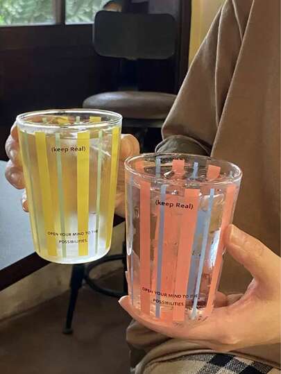 1pc Colorblock Lemon Coffee Cup, Refreshing Blue Striped Glass Cup, Heat-Resistant Transparent Water Cup For Home Use, Niche Retro Coffee Cup Milk Cup, Minimalist Line Cold Drink Cup