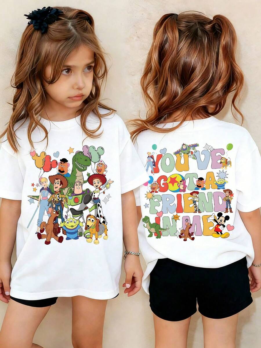 Disney Shining Boy (Double Sided Print): Toy Story Woody, Buzz Lightyear, Trish, , Three Eyed Boy, Springbok, Mr. Potato, Shepherd Girl Baby, Themed Cartoon Print, Casual And Simple Short Sleeved T-Shirt, Suitable For Spring And Summer Seasons, Suitable For Boys And Girls To Wear. Festival Gift - 白色 - 查看 1