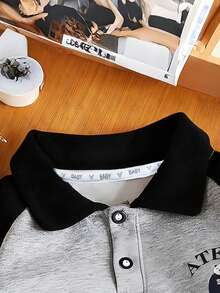 新款春秋季 Polo 领长袖叠穿衬衫，灰色 T 恤上衣，适合年轻男孩，时尚拼接衬衫设计 - 灰色 - 查看 4