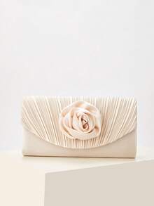 Champagne Satin Pleated Clutch With Satin Rose Applique - Apricot - View 6