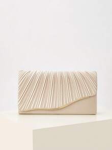 Luxury Champagne Pleated Clutch, Satin & Gold Wave Trim Evening Bag For Prom & Cocktail - Apricot - View 4