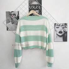SJD MODA LADY Striped Sweater Knit Modal Off Shoulder Super Autumn Winter Korean Style Best Fabric - Mint Green and White Stripe - View 2
