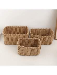 编织篮套装，带提手纸绳收纳篮，小型编织篮，可爱装饰礼品篮，储物容器，橱柜抽屉收纳篮，卧室、客厅、宿舍、桌面收纳篮，乡村风装饰篮，可重复使用的波西米亚风收纳篮，适用于文具、衣柜、玩具、化妆品等，桌面收纳篮，理想的礼品篮 - 棕色 - 查看 2