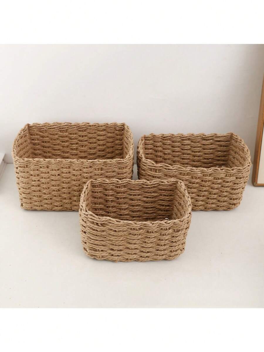 编织篮套装，带提手纸绳收纳篮，小型编织篮，可爱装饰礼品篮，储物容器，橱柜抽屉收纳篮，卧室、客厅、宿舍、桌面收纳篮，乡村风装饰篮，可重复使用的波西米亚风收纳篮，适用于文具、衣柜、玩具、化妆品等，桌面收纳篮，理想的礼品篮