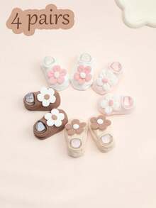4 Pairs Baby Girls' Floral Decorated Cotton Non-Slip Grip Socks, Suitable For Toddlers Indoor Use - Multicolor - View 11