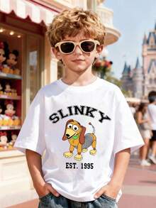 Disney Toy Story Slinky Dog Print Kids T-Shirt, White Loose Crew Neck Top, Slinky Dog Image With "SLINKY" & 1995 Logo, Full Of Playful Cool Vibe, Breathable Skin-Friendly, All-Match For Summer Park & Street, Unisex - White - View 1