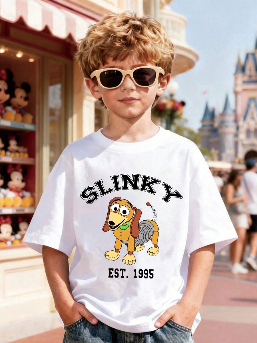 Disney Toy Story Slinky Dog Print Kids T-Shirt, White Loose Crew Neck Top, Slinky Dog Image With "SLINKY" & 1995 Logo, Full Of Playful Cool Vibe, Breathable Skin-Friendly, All-Match For Summer Park & Street, Unisex - White - View 1