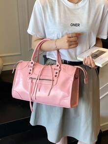 SHIMEINI 1个拼接铆钉镶嵌金属拉链流苏拉链装饰复古PU材质双提手可调节长肩带设计拉链闭合时尚复古甜美酷炫风格机车包Y2K朋克风方形包女士手提包休闲低调奢华风格女士斜挎包适合日常通勤工作购物等用途 - 粉色 - 查看 4