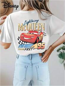 Disney Authentic Lightning McQueen Print, Soft And Skin Friendly Elastic Casual Short Sleeved Top, Fashionable Short Sleeved Round Neck T-Shirt, Women's Clothing - 白色 - 查看 3