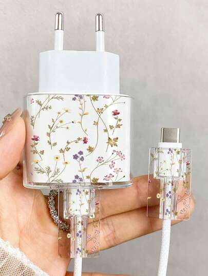 Tassel Flower Transparent Charger Protector Case (Suitable For 20W), Compatible With 13/14/15 European Adapter Protector Set 20W Charger With Cable Protector Case, Transparent EU Plug Protector, Cable Protector, Charger Accessories