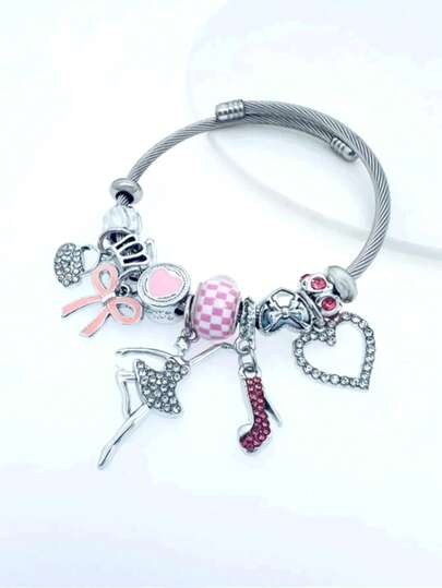 1pc Cute Girl's Bracelet, Cartoon Rhinestone Heart & Bow Pendant Adjustable Bangle, Everyday Wear, Matching Best Friend Design