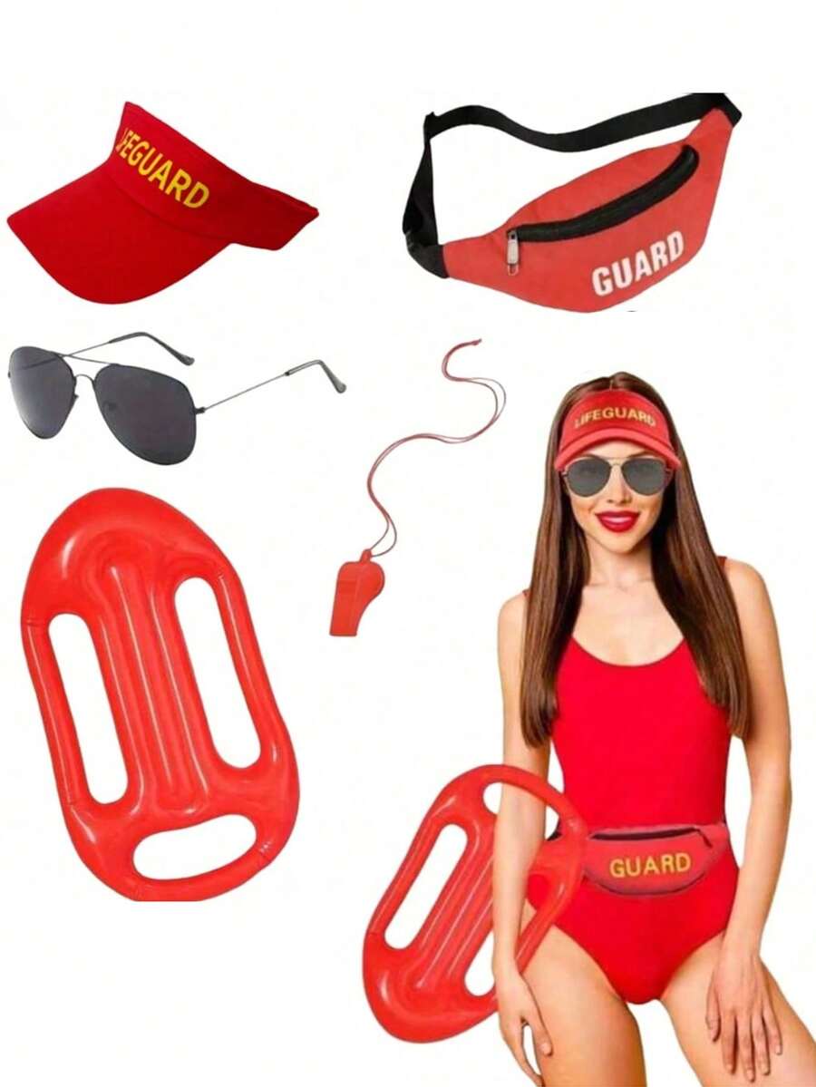 Bộ trang phục cứu hộ gồm 1 món: phao hơi, còi, kính bảo hộ và mũ điều chỉnh được; trang phục hóa trang cứu hộ dành cho người lớn, phù hợp cho cả nam và nữ, tuyệt vời cho hồ bơi, lễ hội Halloween, tiệc hóa trang, bãi biển và nhiều dịp khác. - Đỏ - Xem 1