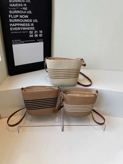 1pc Girl's Straw Bucket Shoulder Bag, Zipper Closure, Casual Crossbody Bag Suitable For Parties, Shopping, Travel, Daily Use