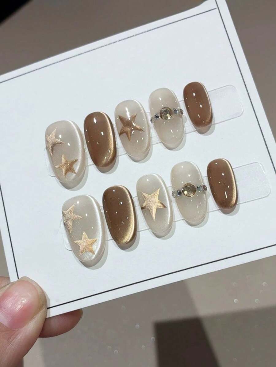 10 piezas de uñas postizas de estilo "Hot Girl Y2K" hechas a mano, de color marrón, con diseño de estrella pintado a mano y adornos de cristal, para uso diario, fiestas, festivales de primavera, verano, otoño e invierno para mujeres y niñas - Marrón - Ver 1