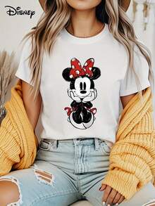 Disney Minnie Mouse Graphic Tee - Playful Summer Design, Round Neck Short Sleeves, Perfect For Camping And Travel Gifts, Casual Wear - Character Fashion - Breathable Fabric - 白色 - 查看 6