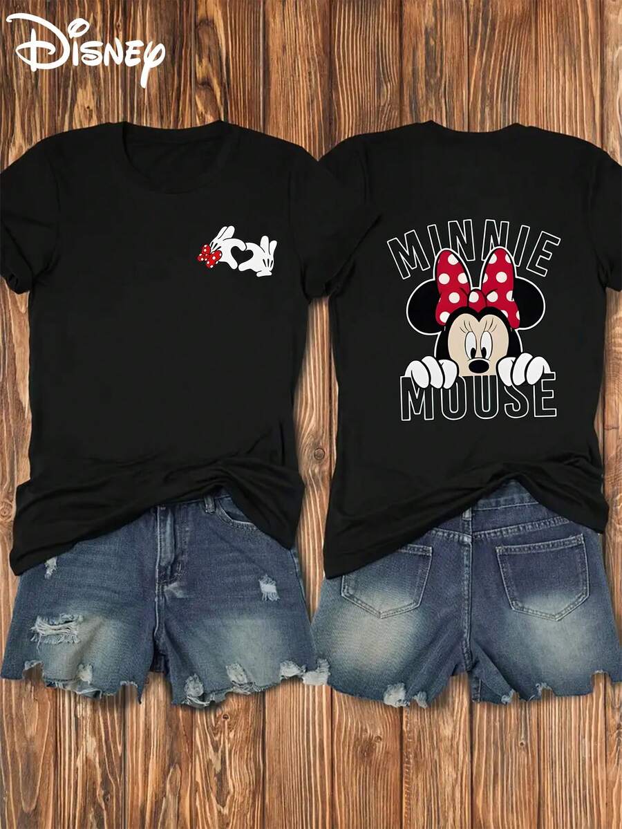 Disney By Circle, Mickey Mouse Double-Sided Printed Soft And Elastic Casual Short-Sleeved Top, Fashionable Short-Sleeved Round-Neck T-Shirt, Women's Wear - 黑色 - 查看 1