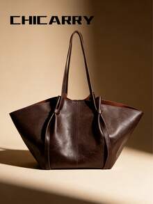 女士纯色大容量手提包，夏季度假包，磁扣开合，优雅可拆卸肩带，复古街头时尚单肩包，扇形外观，个性手提包，适合购物、约会、旅行、商务、办公、露营等场合，可收纳雨伞、水瓶、钱包等。 - 咖啡 - 查看 4