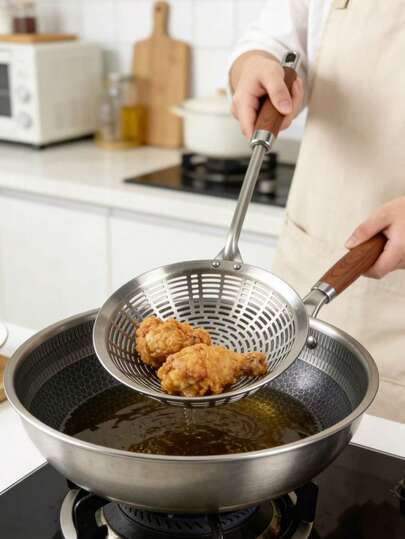 1pc (S/M/L) Large Stainless Steel Slotted Spoon With Wooden Handle, Multifunctional Kitchen Strainer, Suitable For Restaurant, Kitchen, Picnic, Can Be Used To Strain Noodles, Dumplings, Fried Foods, Dishwasher , Easy To Clean And Store, Oil Strainer, Debris Separator, Cooking Utensil, Kitchen Necessity, Home Decor, Household Essential, Gift For Her