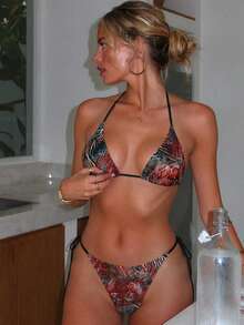 2026 New Zebra & Leopard Print Halter Tie Back Cutout Triangle Bikini Swimwear Set For Women Vacation Beach - Multicolor - View 6