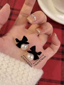 1 Pair Fashionable Versatile Elegant Delicate Bowknot Faux Pearl Earrings, Suitable For Women's Daily And Holiday Wear - Black - View 5