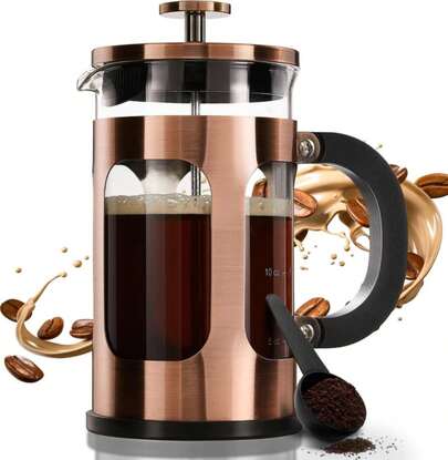 BAYKA French Press Coffee Tea Maker Small, Heat Resistant Thickened Borosilicate Glass Stainless Steel Single Serve Brewer, Cold Brew Cafetera Teapot, 21 Ounce 0.6 Liter,Copper