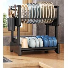 Escurreplatos, escurridor de cocina de 2 niveles, escurreplatos grande con bandeja de goteo, escurridor de platos con soporte para utensilios para platos/cuchillos/tazas/escurreplatos de Pascua - Negro - Ver 3