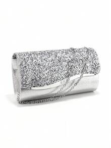 情人节礼物：心形银色手拿包，配V形金属链、闪亮亮片，信封式设计，适合派对、婚礼、休闲场合，女士晚宴包 - 銀色 - 查看 6