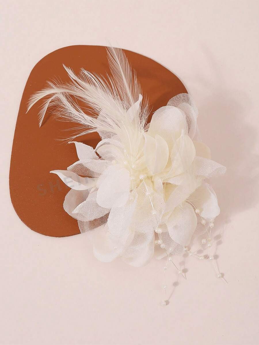1pc Petal & Feather Elegant Hair Clip, Hairpin, Accessories - Beige - View 1
