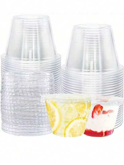 透明盖杯，果冻杯，适用于盛装甜点、纸杯蛋糕、奶昔、布丁、冷饮、零食、水果、冰淇淋、酸奶、沙拉酱、调味品等，也可用于餐饮服务、储存。是婚礼、感恩节、万圣节、圣诞节的理想礼物。