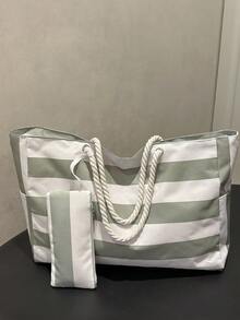 女士大号防水沙滩手提包，带拉链，防水防沙设计，适用于游泳池，随机图案，可作书包，便携大容量，适合青少年、女性、大学生、中小学生、高中生、户外、旅行、郊游、工作、商务、通勤、度假、购物等场合。 - 橄欖綠 - 查看 3